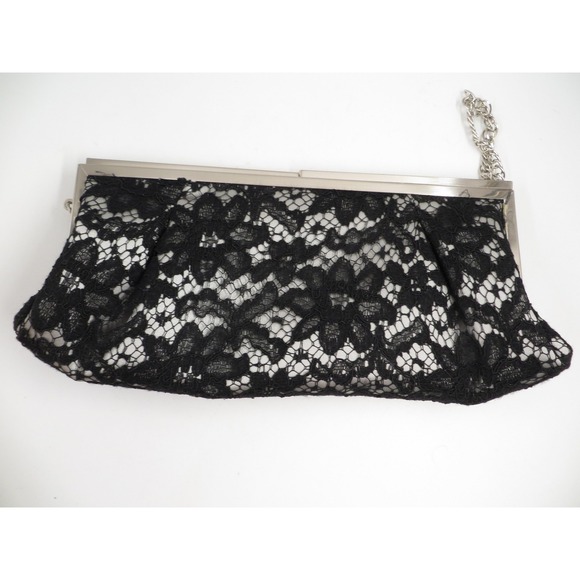 White House Black Market Clutch Womens Black Lace Evening Bag Silver Chain Purse - Picture 2 of 6